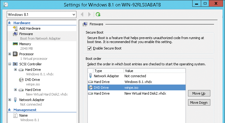 Change the boot order in the settings of second-generation VMs in Hyper-V 2012 R2 and incorporate WinPE 5.1. Change the boot order in the settings of second-generation VMs in Hyper-V 2012 R2 and incorporate WinPE 5.1.