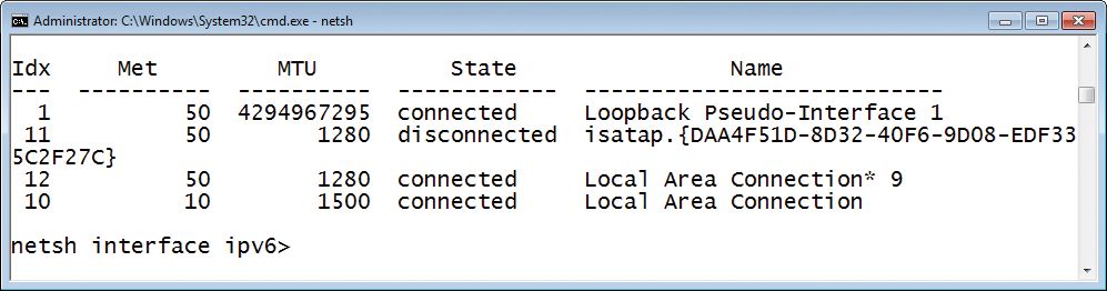 NetShell showing the existing IPv6 interfaces. NetShell showing the existing IPv6 interfaces.