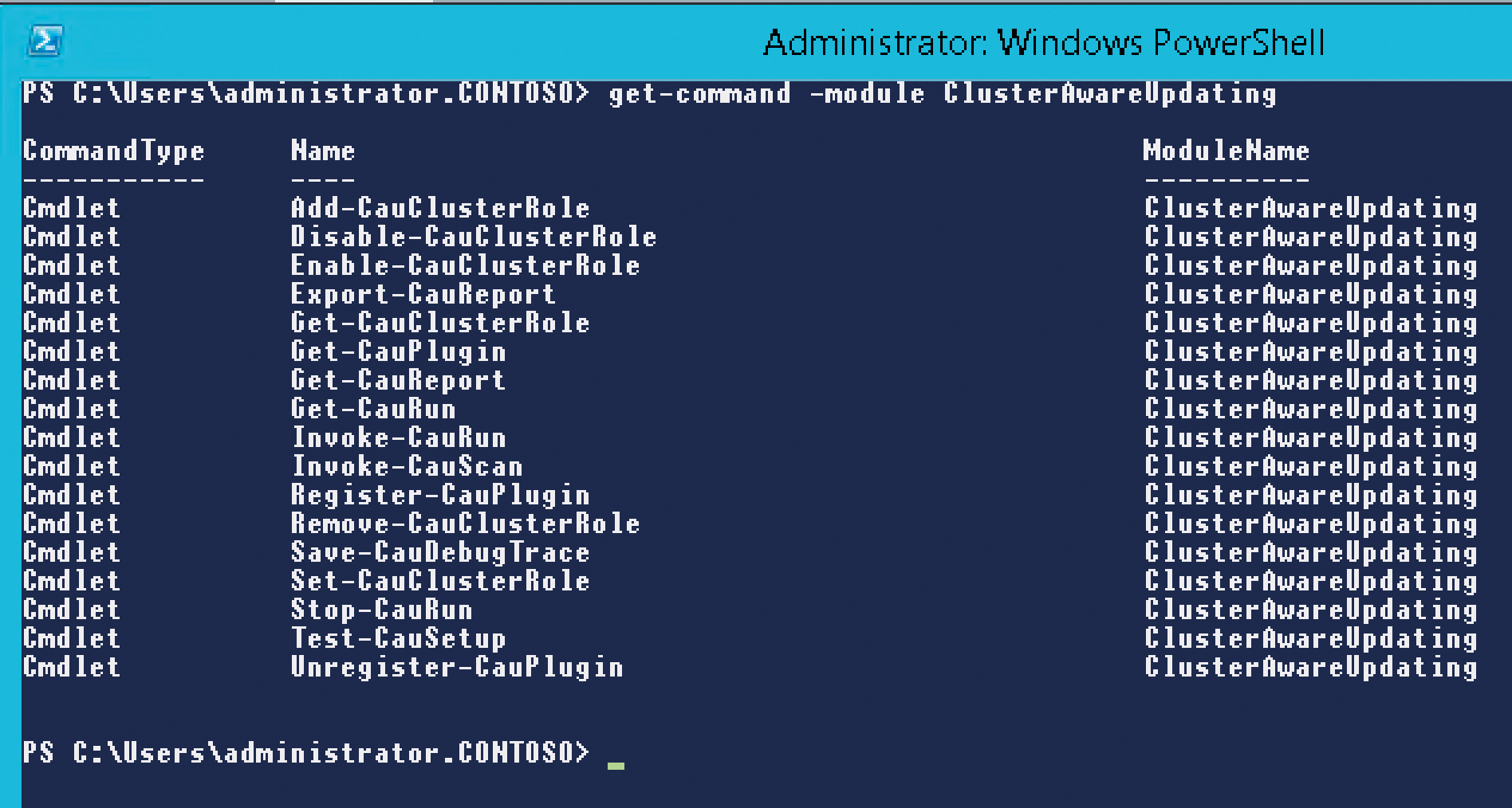 You can also control CAU with PowerShell. To this end, you can display the individual PowerShell commands for the control and setup using get-command. You can also control CAU with PowerShell. To this end, you can display the individual PowerShell commands for the control and setup using get-command.