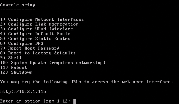 FreeNAS console menu. FreeNAS console menu.