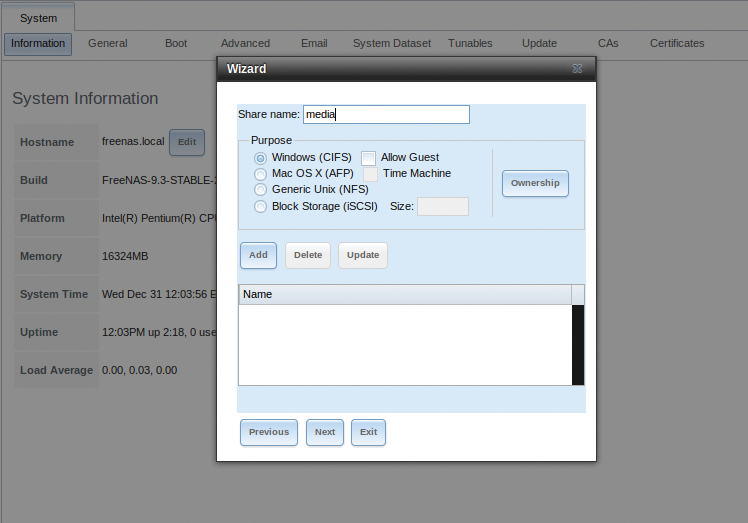The wizard lets you create several types of shares. The wizard lets you create several types of shares.