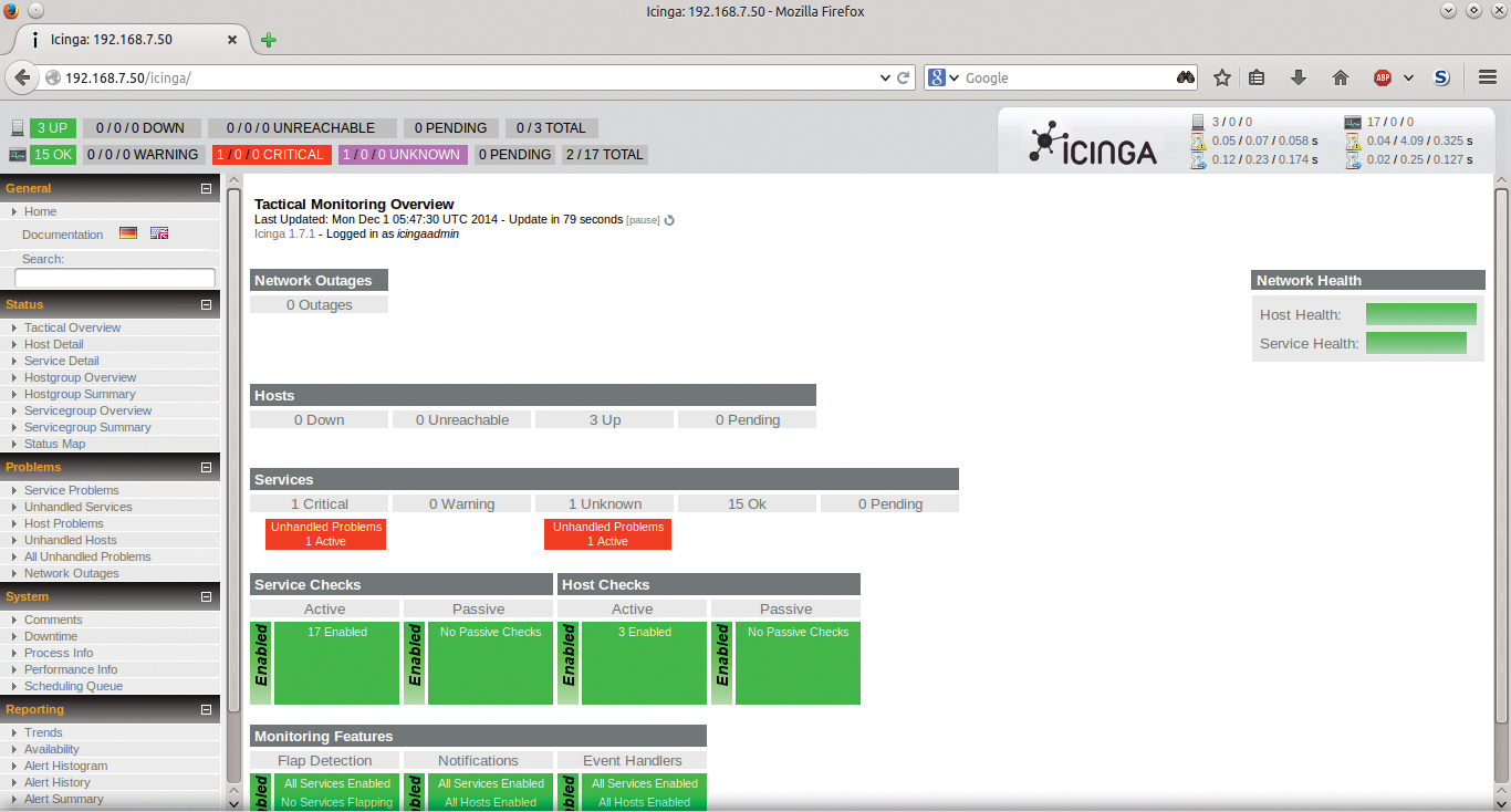 The Icinga Tactical Overview window. The Icinga Tactical Overview window.