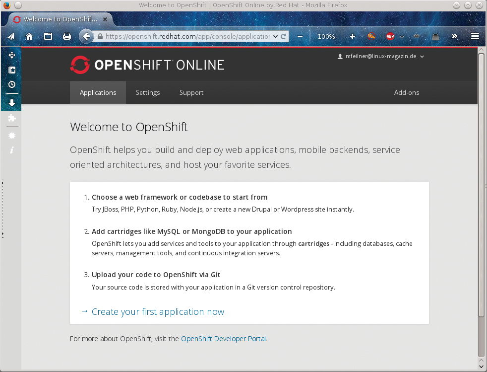 Namespace, public key, authorizations: In the OpenShift Online settings dialog, you'll have to define your workspace environment. Namespace, public key, authorizations: In the OpenShift Online settings dialog, you'll have to define your workspace environment.