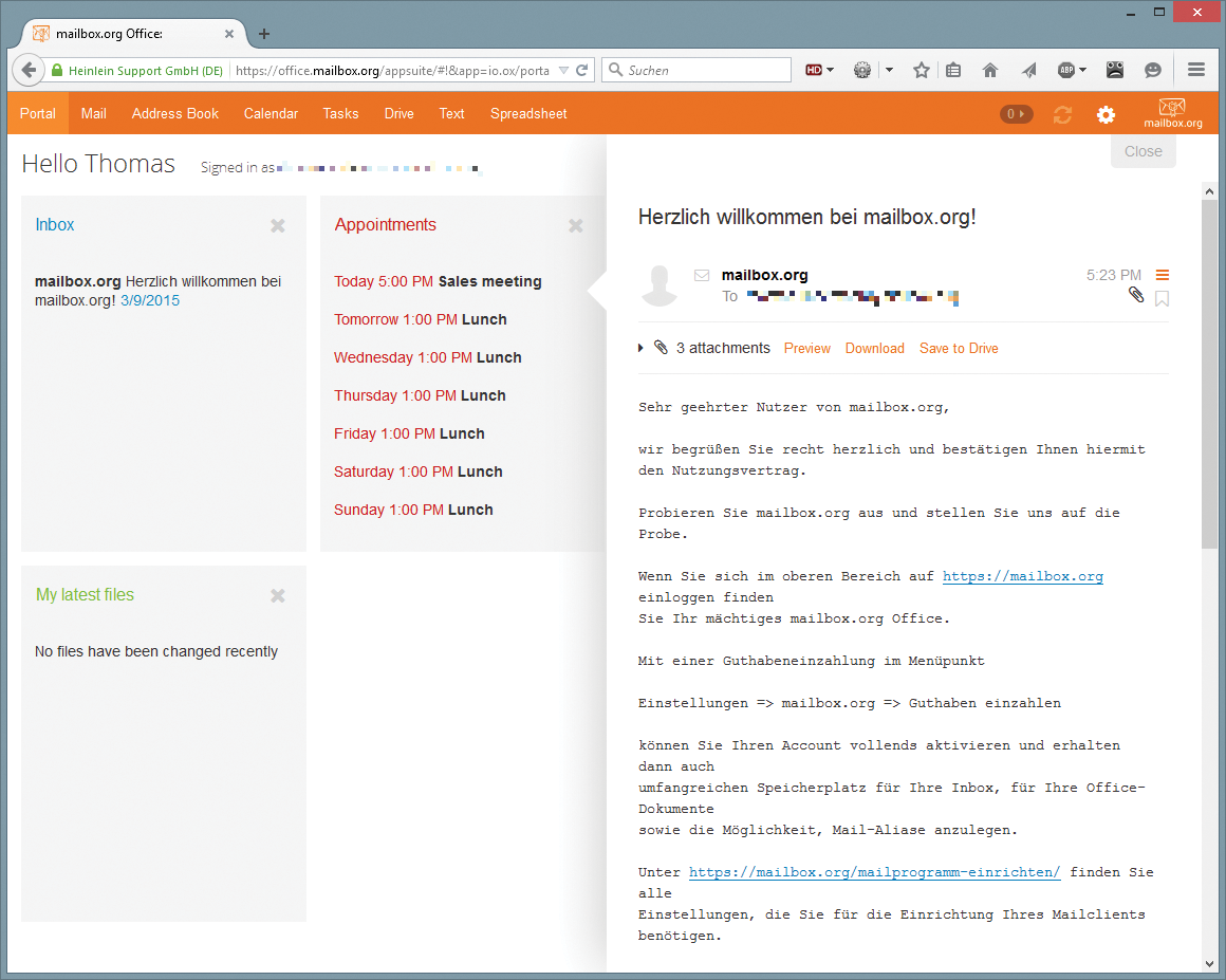 The Mailbox.org central portal informs you about upcoming events, recently edited documents, and the latest email in the Inbox. The Mailbox.org central portal informs you about upcoming events, recently edited documents, and the latest email in the Inbox.