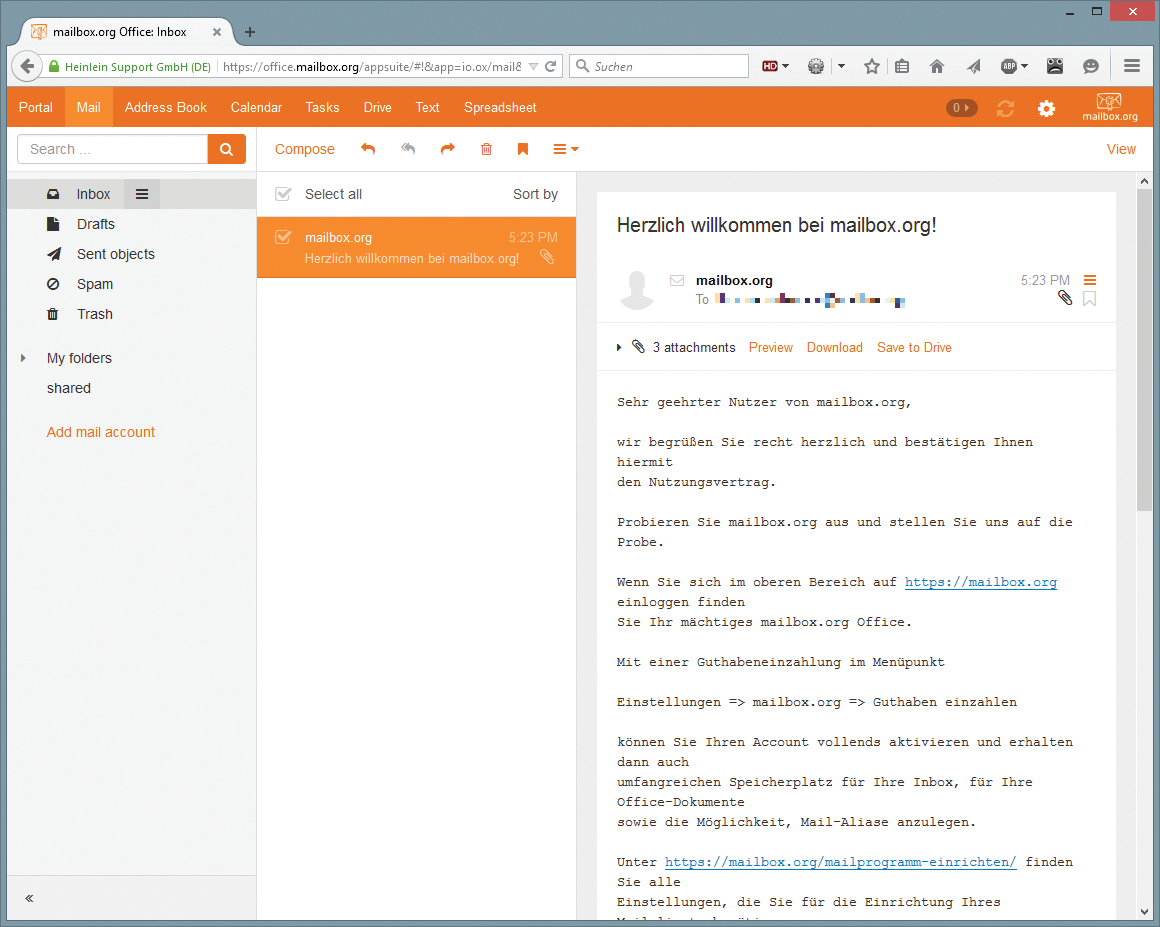 With its view split in three vertically, Mailbox.org also works well on computers in widescreen format. With its view split in three vertically, Mailbox.org also works well on computers in widescreen format.