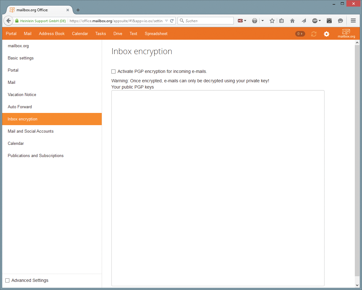 You can upload the PGP key that you previously created on your computer and which is required for encrypted email traffic in the Mailbox.org settings. You can upload the PGP key that you previously created on your computer and which is required for encrypted email traffic in the Mailbox.org settings.