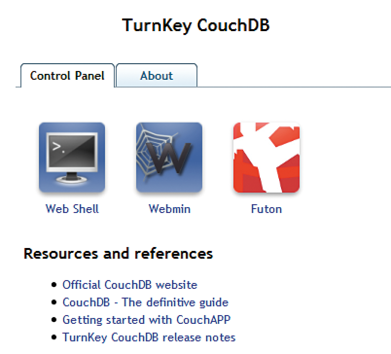 The CouchDB appliance TurnKey Linux web interface. The CouchDB appliance TurnKey Linux web interface.