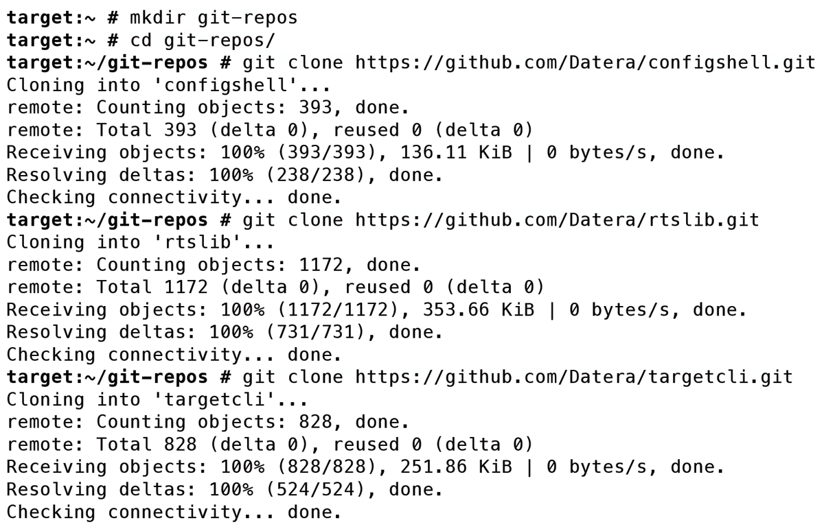 Pick up the sources for configshell, rtslib, and targetcli on GitHub. Pick up the sources for configshell, rtslib, and targetcli on GitHub.