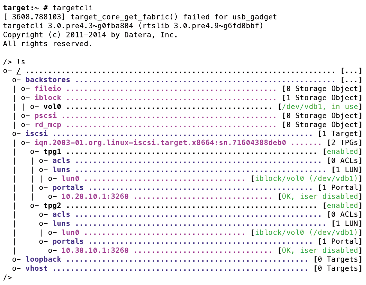 A target with an iSCSI Qualified Name (IQN) contains two Target Portal Groups (TPGs); it is thus accessible by two routes (IP addresses). A target with an iSCSI Qualified Name (IQN) contains two Target Portal Groups (TPGs); it is thus accessible by two routes (IP addresses).
