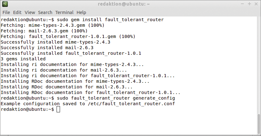 The gem command installs the FT Router Ruby program easily on a Linux system – in this case, Ubuntu 14.04. The gem command installs the FT Router Ruby program easily on a Linux system – in this case, Ubuntu 14.04.