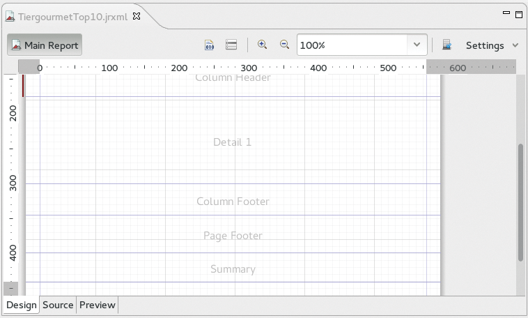 A blank sheet with a full set of bands – that is, horizontal sections that structure the report. A blank sheet with a full set of bands – that is, horizontal sections that structure the report.