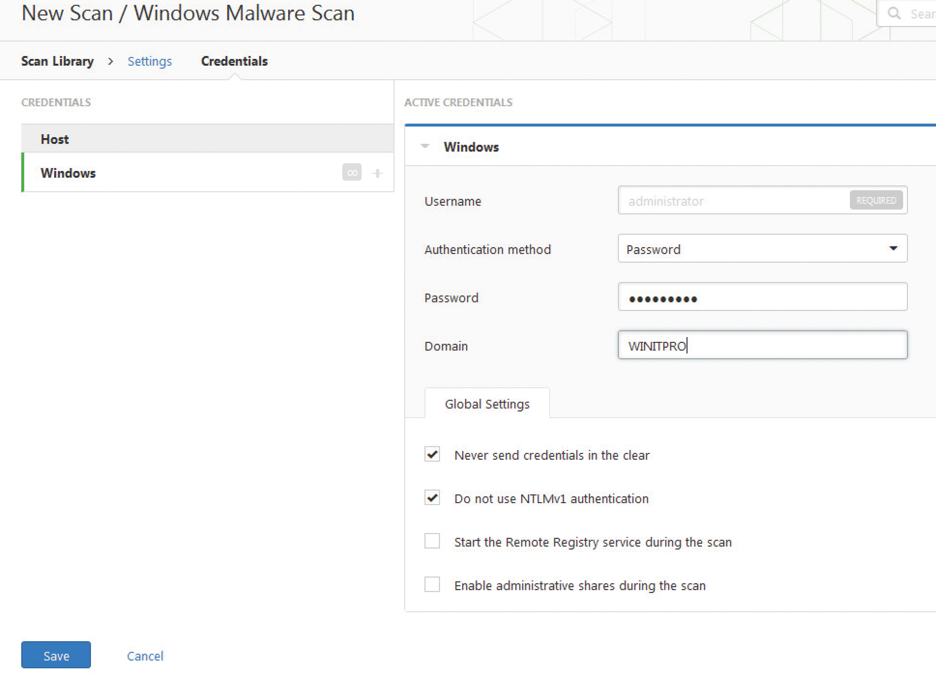 For a malware scan on Windows machines, you need to enter administrative account credentials. For a malware scan on Windows machines, you need to enter administrative account credentials.