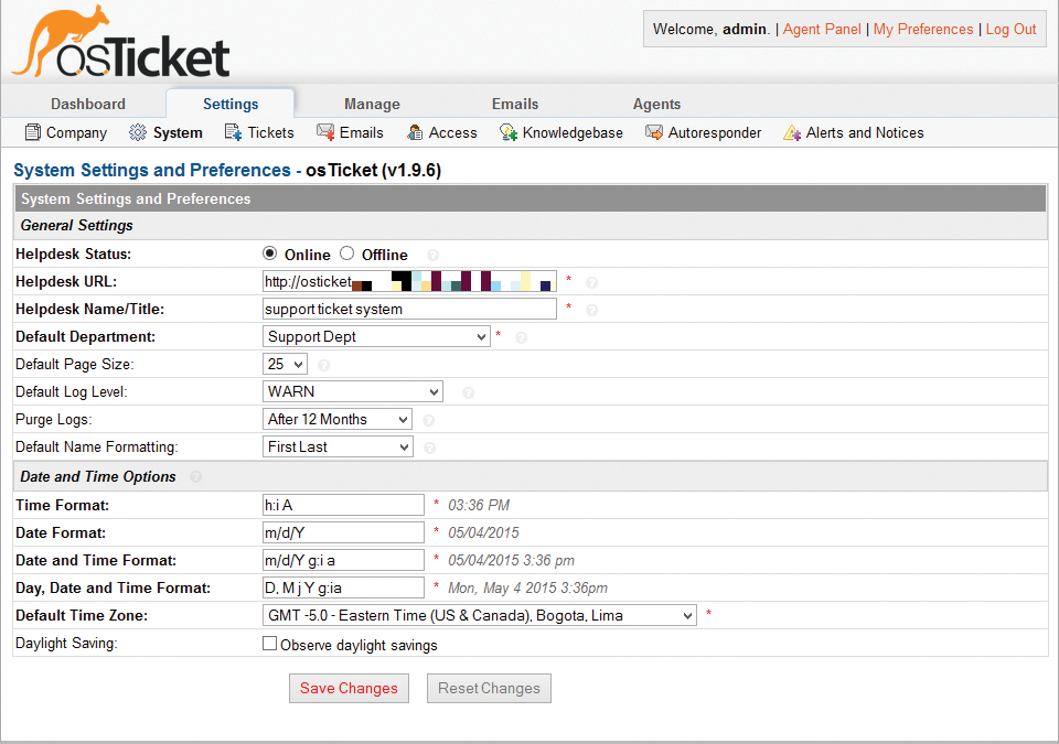 A first look at the osTicket basic system administration center. A first look at the osTicket basic system administration center.