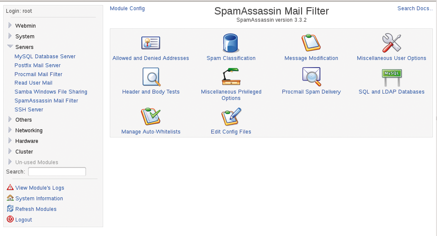 The administration of the SpamAssassin filter is considerably simplified with the comfortable Webmin module. The administration of the SpamAssassin filter is considerably simplified with the comfortable Webmin module.