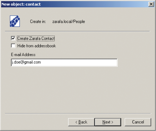 Creating a Zarafa contact in Active Directory. Creating a Zarafa contact in Active Directory.