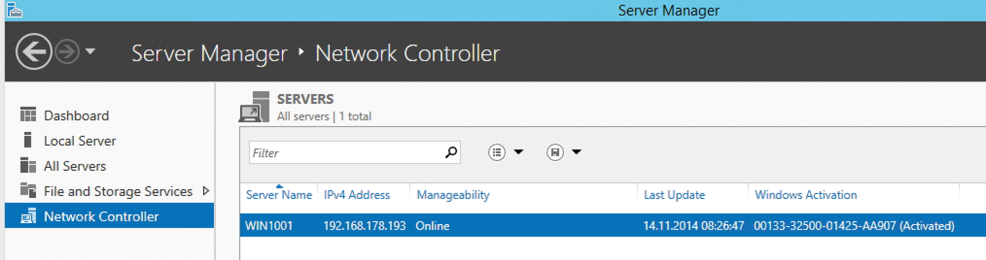 After installing the server role, Network Controller is available in Server Manager. After installing the server role, Network Controller is available in Server Manager.