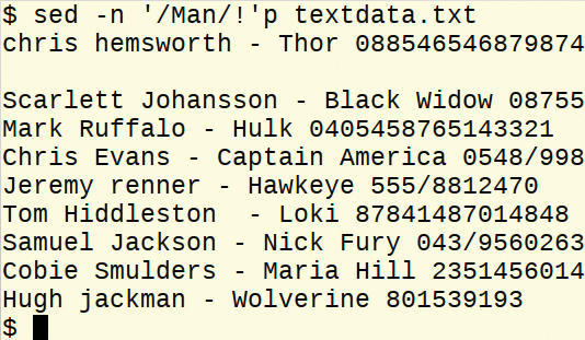 Output of lines except those containing 'Man'. Output of lines except those containing 'Man'.