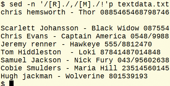 Output lines except those containing an 'R' somewhere and an 'M' somewhere else. Output lines except those containing an 'R' somewhere and an 'M' somewhere else.
