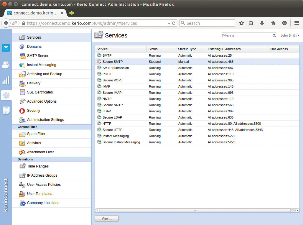 Kerio's administrator interface at work. Kerio's administrator interface at work.