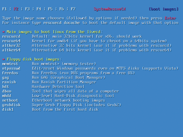 SystemRescueCd boots Linux in the default configuration, but FreeDOS and MemTest86 are also options. SystemRescueCd boots Linux in the default configuration, but FreeDOS and MemTest86 are also options.