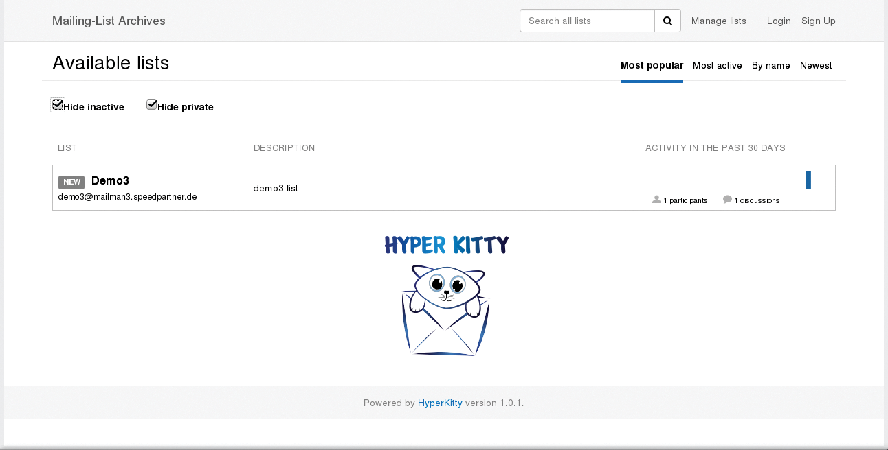 Mailman homepage in the HyperKitty interface. Mailman homepage in the HyperKitty interface.