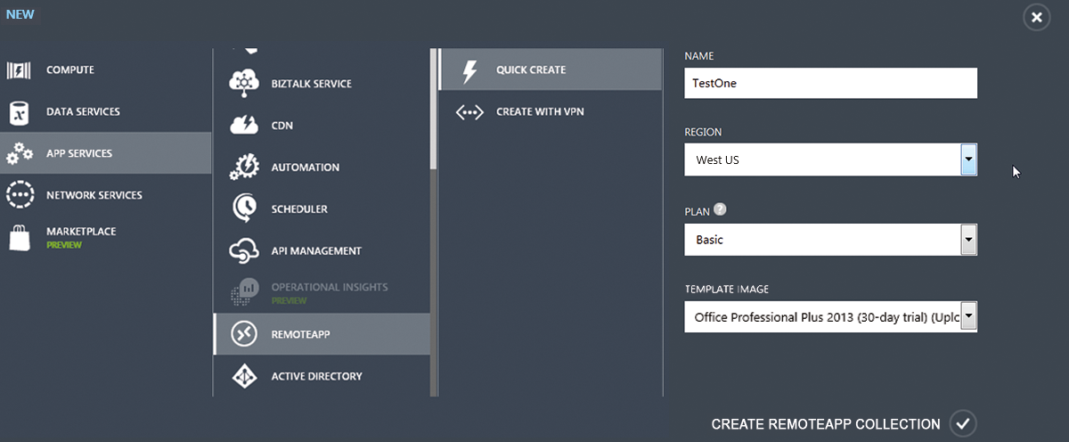 Provisioning Azure RemoteApp in the cloud takes just four steps. Provisioning Azure RemoteApp in the cloud takes just four steps.