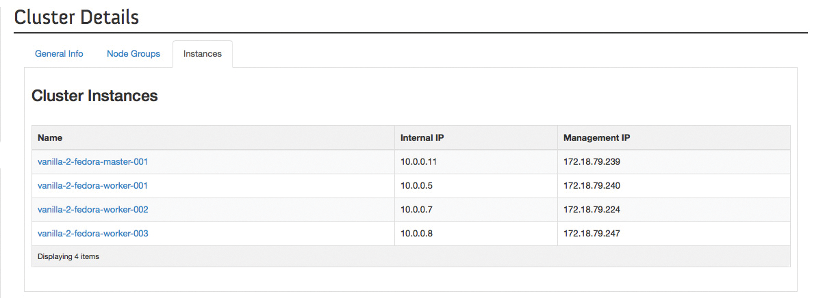 The Sahara pages in the OpenStack dashboard quickly provide information about which nodes belong to a Sahara cluster. The Sahara pages in the OpenStack dashboard quickly provide information about which nodes belong to a Sahara cluster.