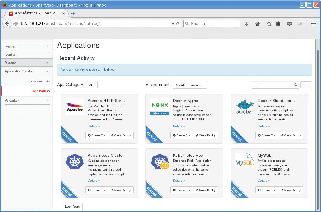 Applications in the Murano catalog of a private OpenStack installation. Applications in the Murano catalog of a private OpenStack installation.