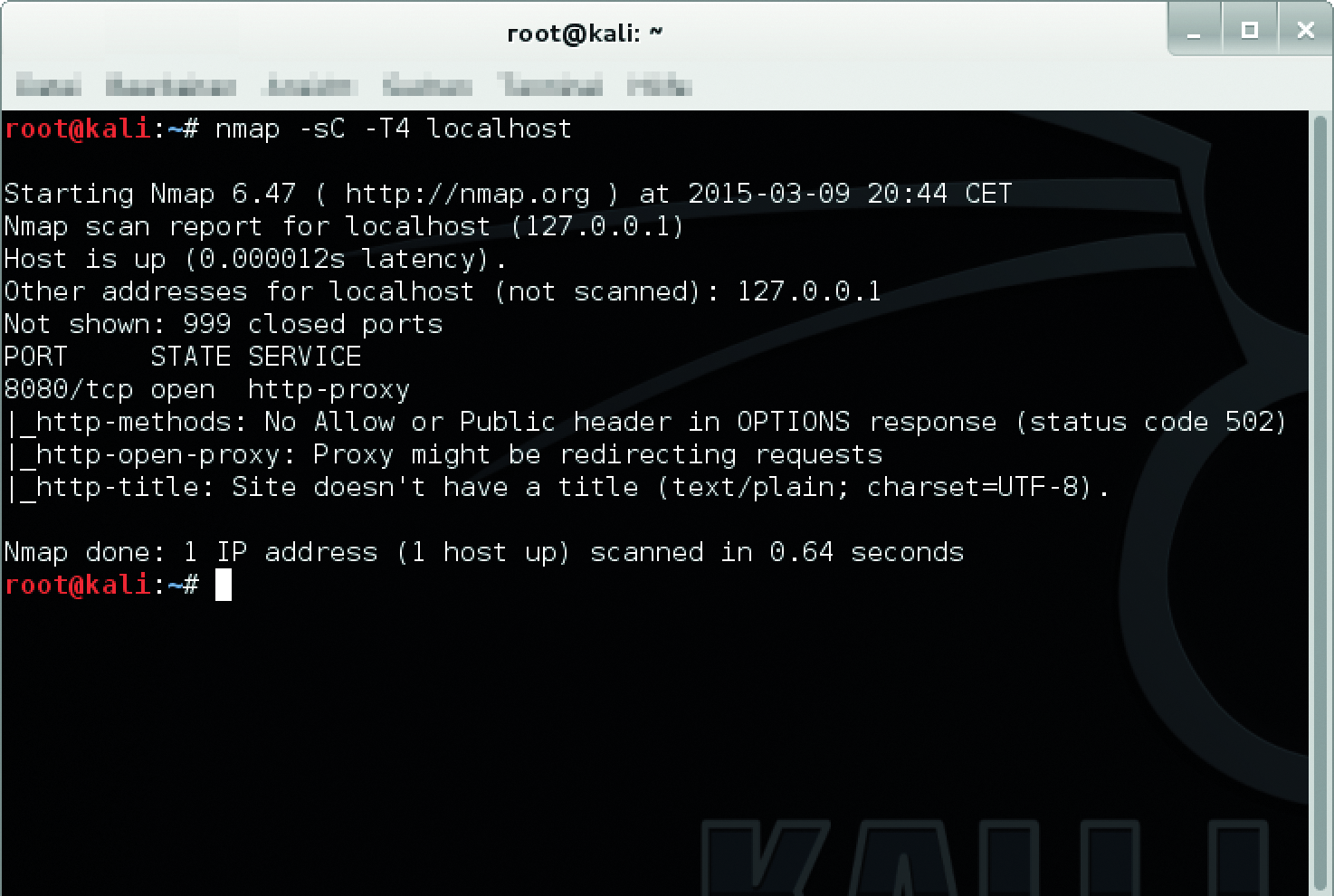 Initial Nmap run with the Nmap Scripting Engine enabled, targeting localhost. Initial Nmap run with the Nmap Scripting Engine enabled, targeting localhost.