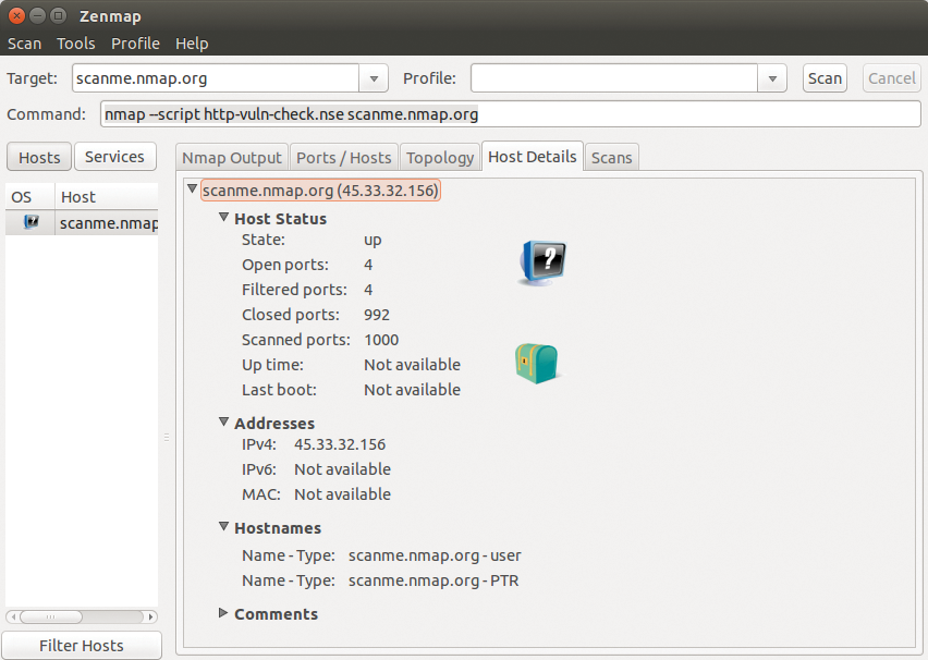 Zenmap in action. With the GUI, managing the scanner and evaluating the results from the acquired data are far easier. Zenmap in action. With the GUI, managing the scanner and evaluating the results from the acquired data are far easier.