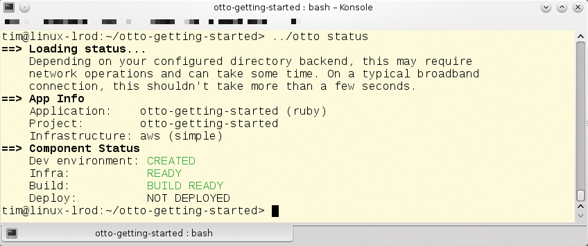 Here, the Amazon cloud is set up (Infra: READY), the matching virtual machine is built (Build: BUILD READY), and the user only needs to let Otto upload it. Here, the Amazon cloud is set up (Infra: READY), the matching virtual machine is built (Build: BUILD READY), and the user only needs to let Otto upload it.