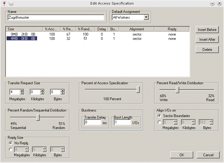 Iometer allows the definition of multiple access patterns with different block sizes. Iometer allows the definition of multiple access patterns with different block sizes.