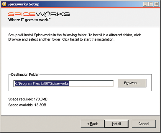 Selecting a destination folder for the Spiceworks Inventory installation. Selecting a destination folder for the Spiceworks Inventory installation.