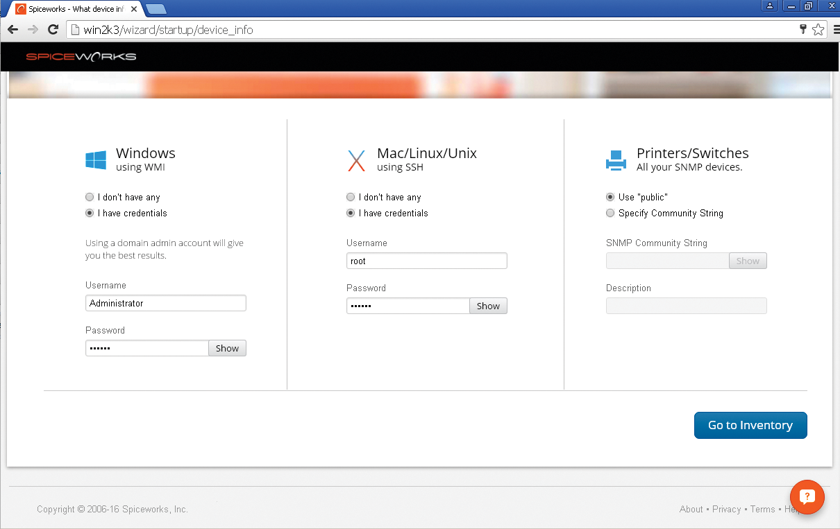 Adding user account information to begin the inventory scan. Adding user account information to begin the inventory scan.