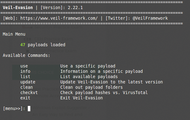 Veil launches to a text-based command prompt. Veil launches to a text-based command prompt.