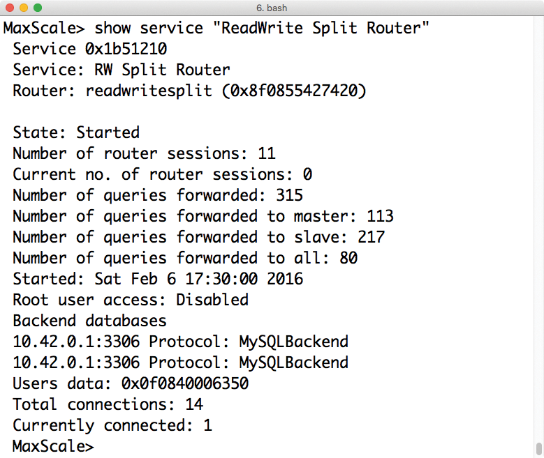With the help of maxadmin at the MaxScale command line, you can quickly discover the health of a router and its back end. With the help of maxadmin at the MaxScale command line, you can quickly discover the health of a router and its back end.