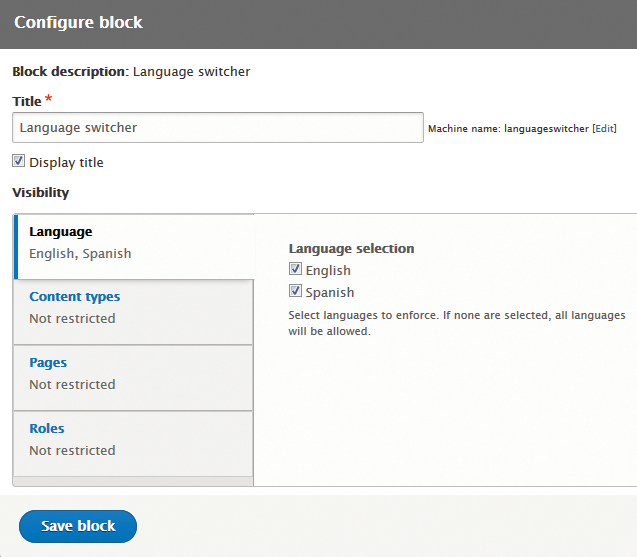 Language switcher block configuration Language switcher block configuration
