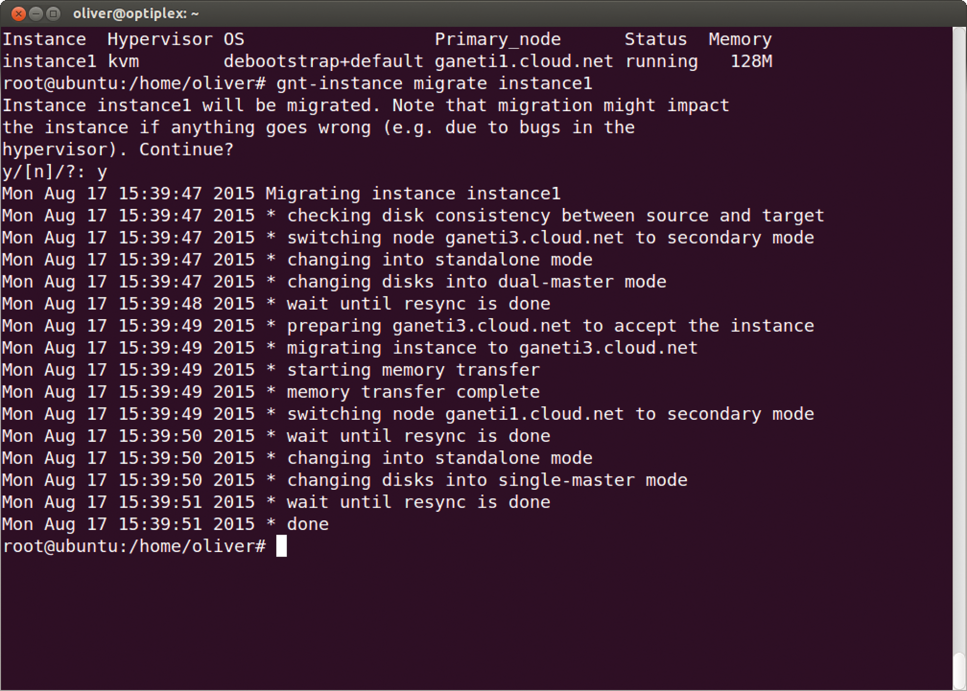 Migration of a virtual machine in a Ganeti cluster. Migration of a virtual machine in a Ganeti cluster.