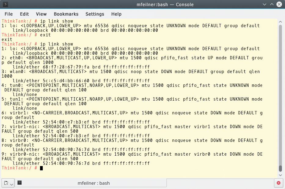 The admin starts a shell in the ns1 namespace, in which only the previously created loopback interface is present. The admin starts a shell in the ns1 namespace, in which only the previously created loopback interface is present.