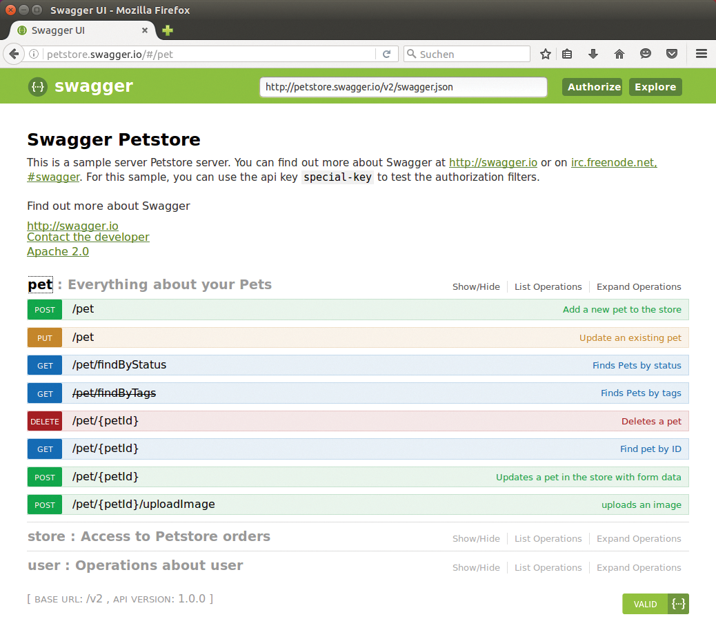 On the Swagger UI, the developers offer a (fictional) online shop with a REST interface. The documentation generated by Swagger describes its structure. On the Swagger UI, the developers offer a (fictional) online shop with a REST interface. The documentation generated by Swagger describes its structure.