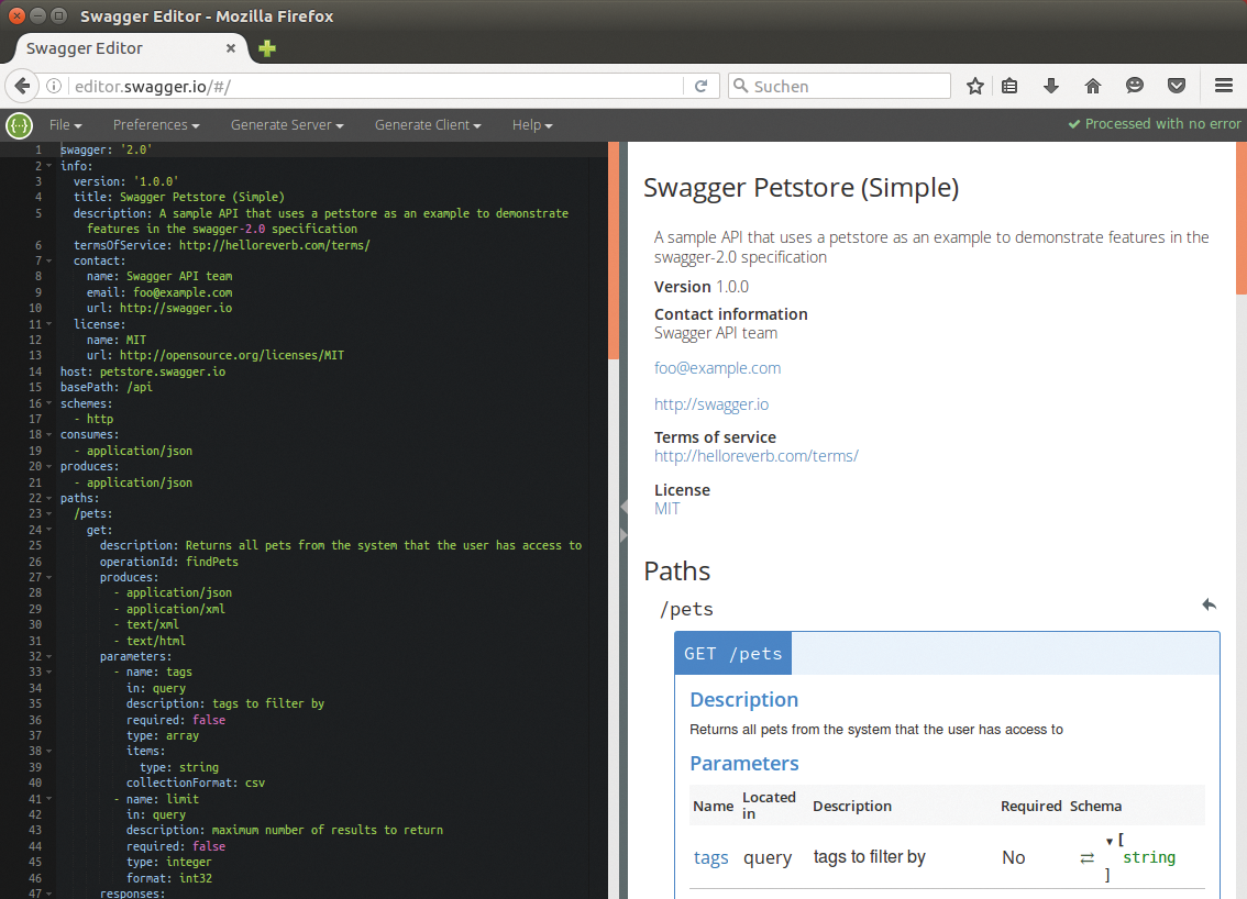 In the Swagger Editor, web application developers can conveniently describe the REST API. The example relates to the (fictional) Swagger Petstore, to which you can add animals yourself. In the Swagger Editor, web application developers can conveniently describe the REST API. The example relates to the (fictional) Swagger Petstore, to which you can add animals yourself.
