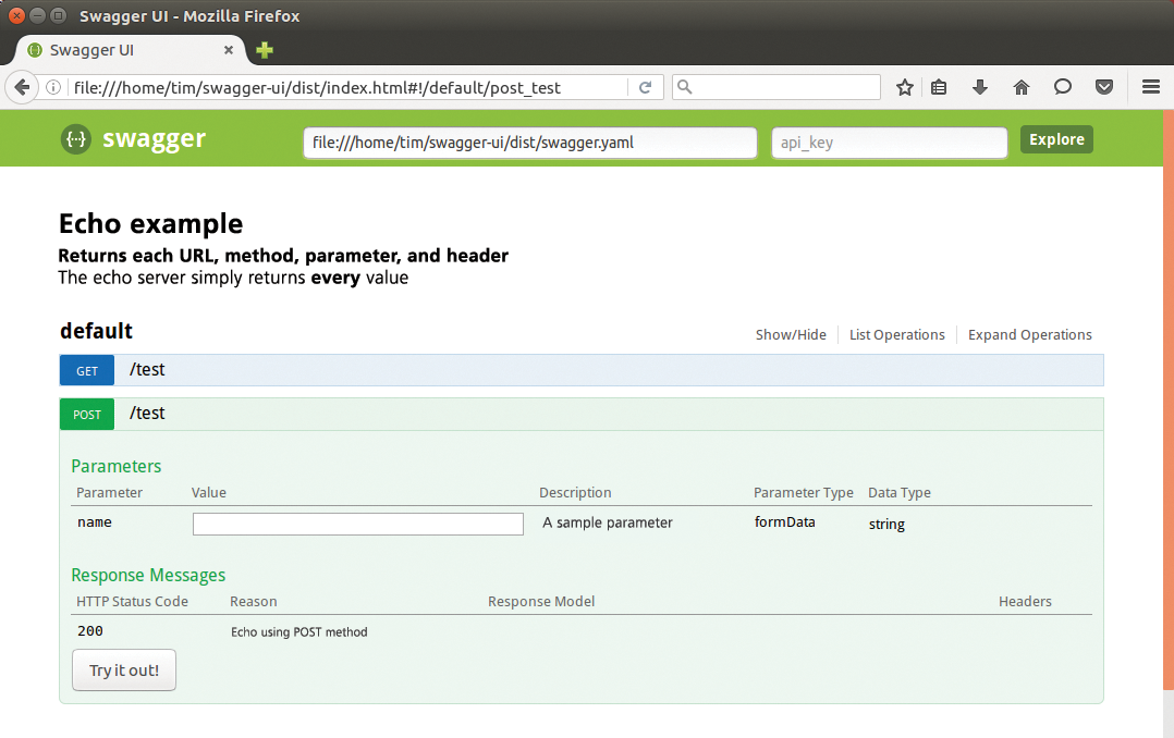 The Swagger UI showing the documentation for the REST interface in Listing 2. The Swagger UI showing the documentation for the REST interface in Listing 2.