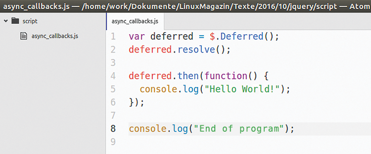 The JavaScript sample code in the Atom editor with a bright theme. The JavaScript sample code in the Atom editor with a bright theme.