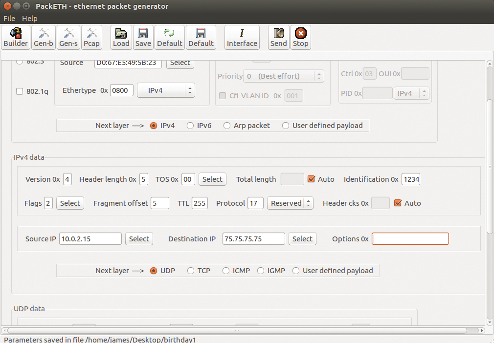 Using PackETH to generate a fragmented packet. Using PackETH to generate a fragmented packet.