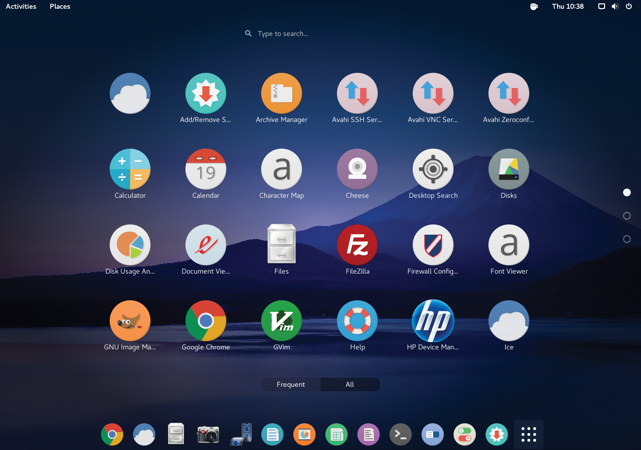 The Gnome shell with the application grid. The Gnome shell with the application grid.