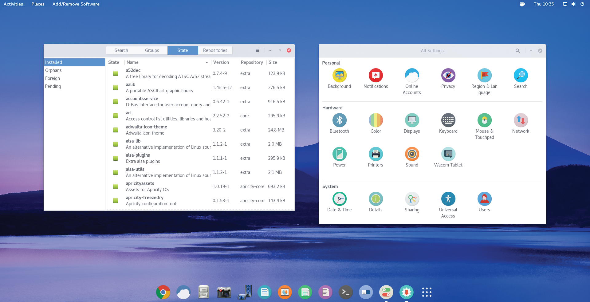 The choice of packages is essentially comparable to Arch Linux, with an additional repository that provides packages optimized for Apricity OS. The choice of packages is essentially comparable to Arch Linux, with an additional repository that provides packages optimized for Apricity OS.