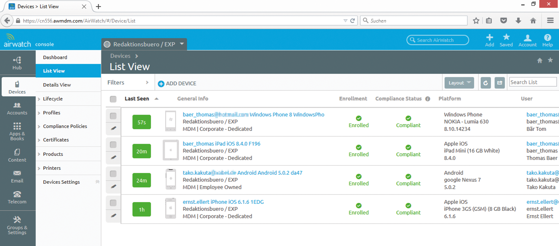 Enrollment and compliance overview in lists: No problem with only four devices – the intelligent search function in AirWatch supports reliable device location, even in large environments. Enrollment and compliance overview in lists: No problem with only four devices – the intelligent search function in AirWatch supports reliable device location, even in large environments.