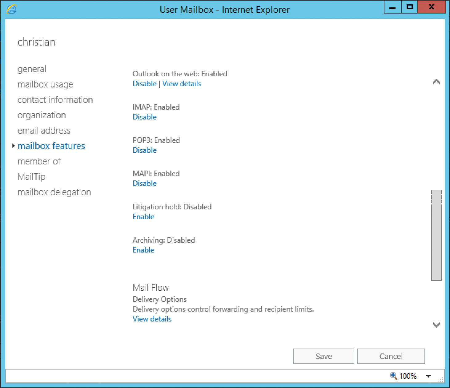 You can enable or disable MAPI over HTTP in Exchange 2016 in the user's mailbox features. You can enable or disable MAPI over HTTP in Exchange 2016 in the user's mailbox features.
