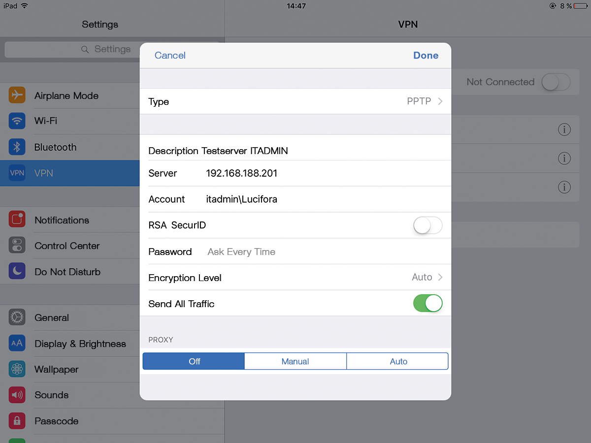 The settings for the native VPN client in iOS are clear and uncomplicated. The settings for the native VPN client in iOS are clear and uncomplicated.