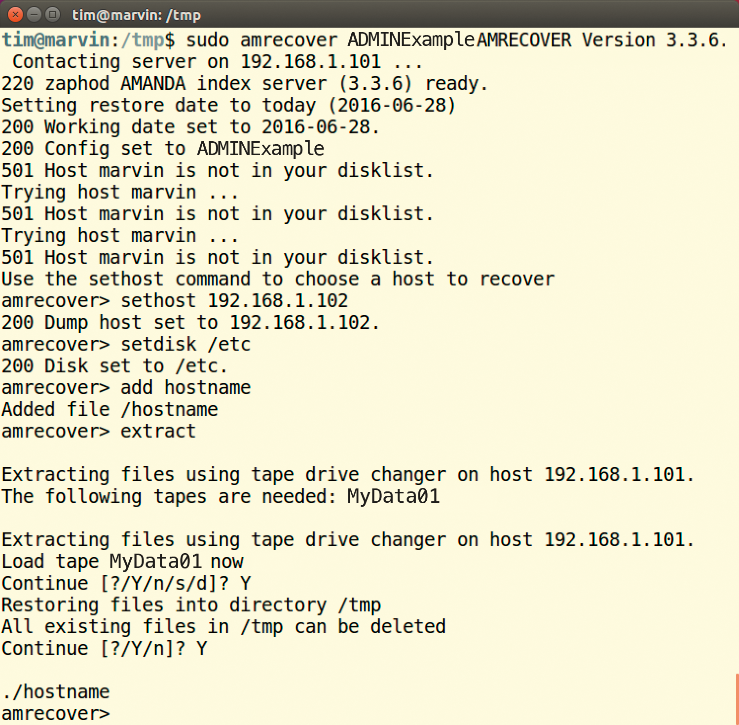 The amrecover tool restores a backup or parts of it. In this case, the restore uses the /tmp subdirectory as a precaution. The amrecover tool restores a backup or parts of it. In this case, the restore uses the /tmp subdirectory as a precaution.